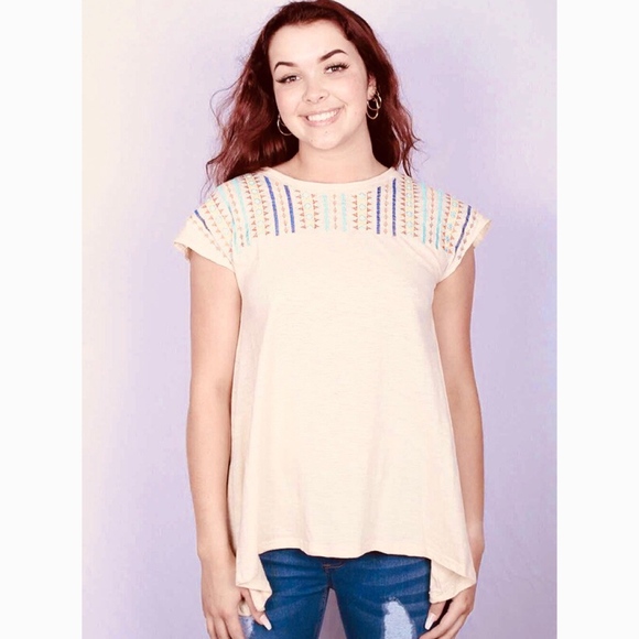 Southern Stitch Tops - 109- Beige Aztec Embroidered Short Sleeve Top
